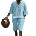 2024 Summer Men's Breathable Jacquard Casual Suits Loose Short Sleeve T-Shirt + Shorts V-Neck Tracksuit Two-Piece Set