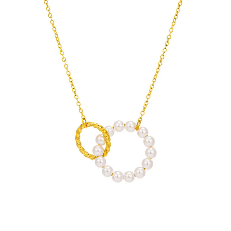Elegant 18k Gold Plated Chain Stainless Steel Interlocking Circle Necklace Double Circle Ring Pearl Pendant Necklace for Women