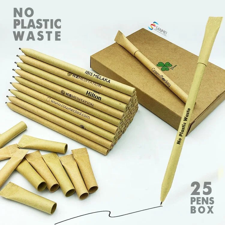 100 Biodegradable Black Biro Rolling Recycled Branding Custom Logo Eco Friendly Kraft Paper Ballpoint Pen with Gift Box