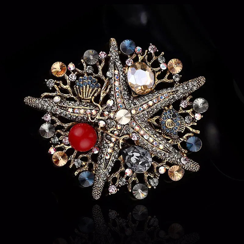 Jachon Diamond Starfish Brooch Pentagram Cheap Wholesale Brooch Pin Vintage Alloy Pearl Corsage Jewelry