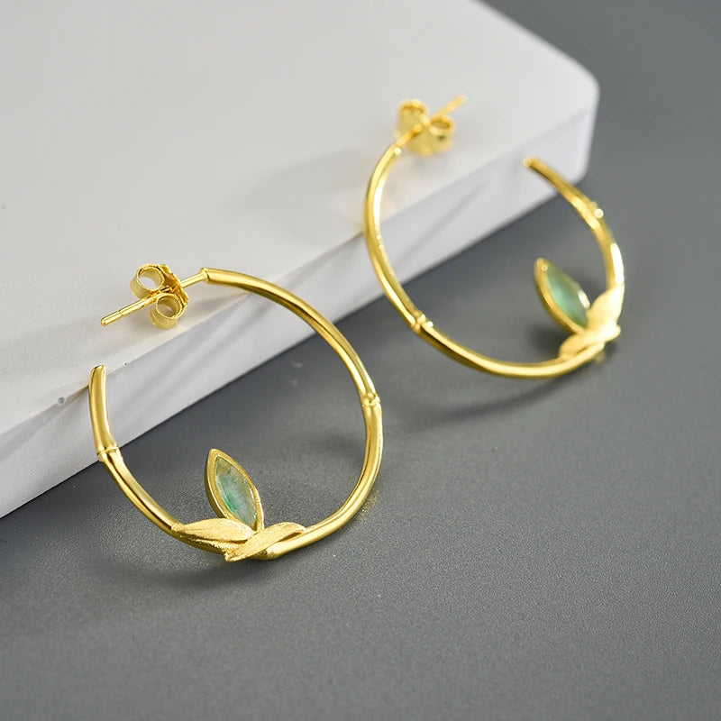 Lotus Fun Pure 925 Sterling Silver Natural Aventurine Round Circle Hoop Earring Fine Jewelry for Women