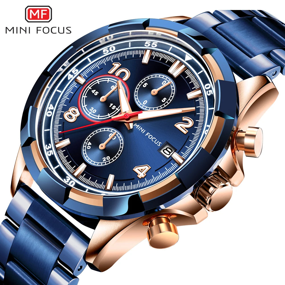 MINI FOCUS 0198 New Fashion Sport Chronograph Men Watches New Luxury Stainless Steel Strap Quartz Wristwatches Dropshipping