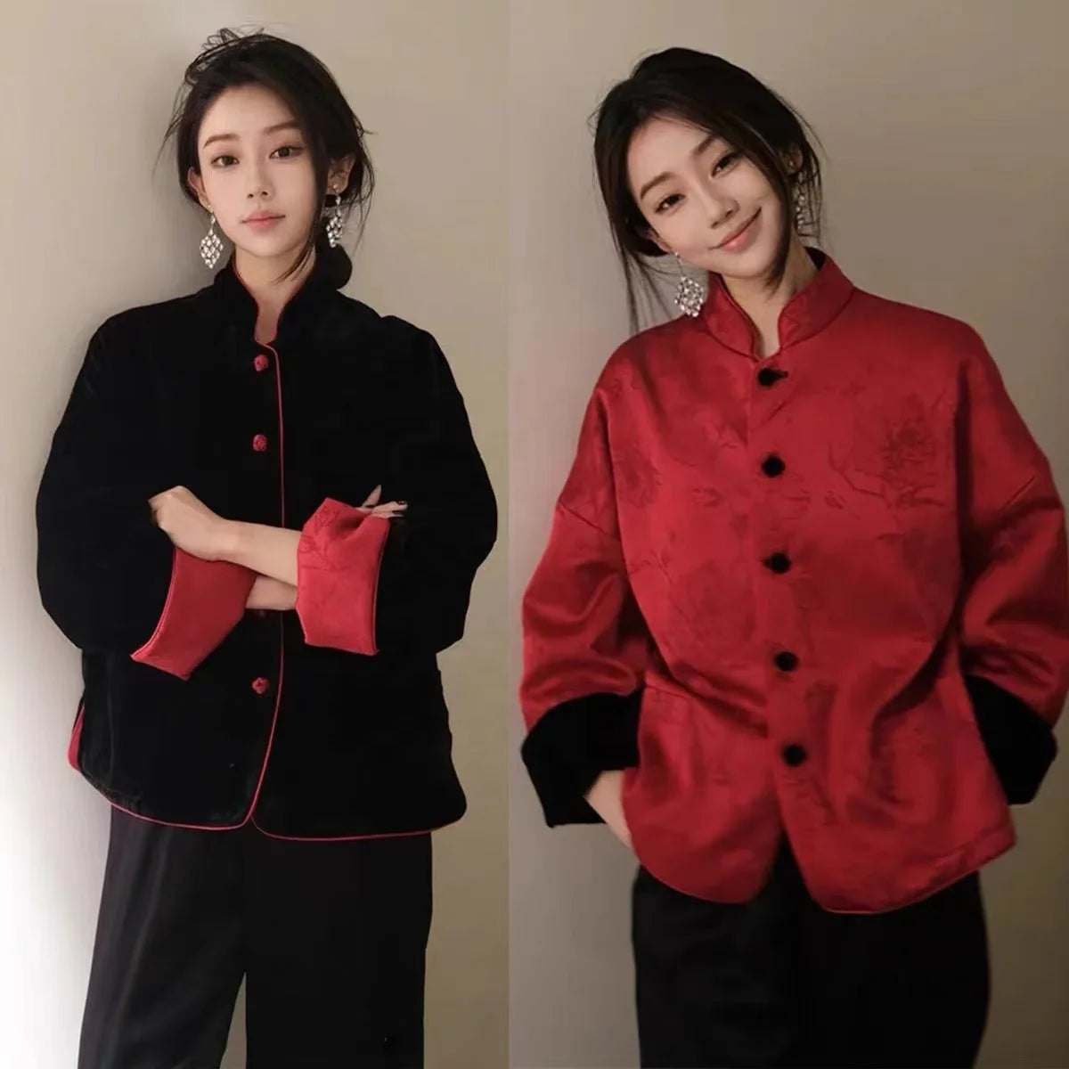Chinese Style Coat Double-sided Stand Collar Velvet Jacquard Blouse Christmas New Year Engagement Red Improved Women's Tang Suit
