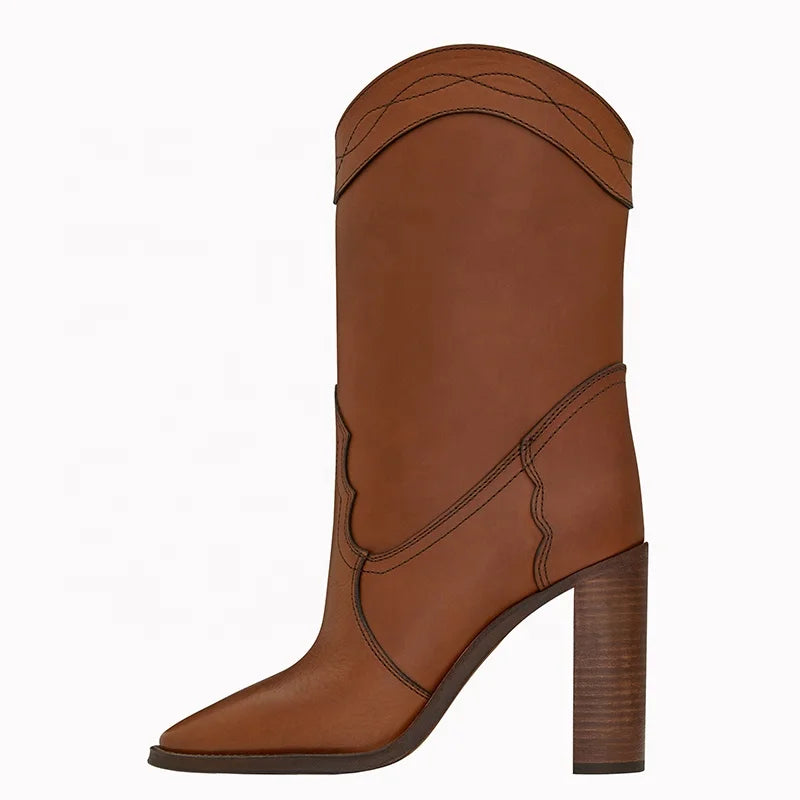 2020 Trendy Ladies High Heeled Western Boots Chunky Heel Womens Boots