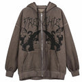 Women Vintage Angel Print Hooded Jacket Zip up Long Sleeve Pocket Autumn Winter Streetwear Coat Y2K Aesthetic Loose Hoodies