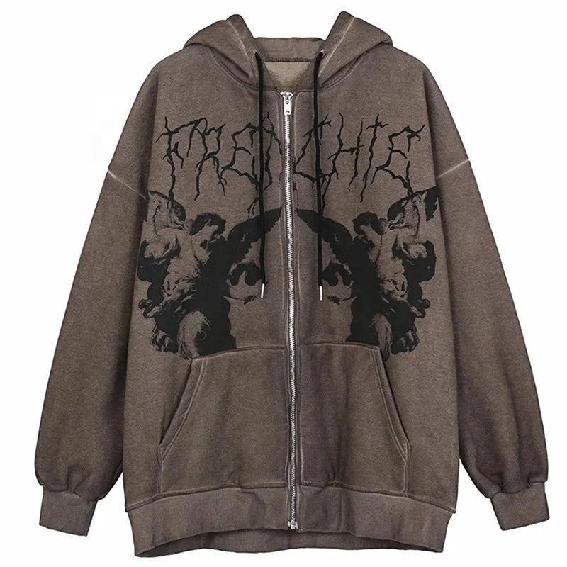 Women Vintage Angel Print Hooded Jacket Zip up Long Sleeve Pocket Autumn Winter Streetwear Coat Y2K Aesthetic Loose Hoodies