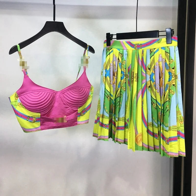 American Fashion Women's Summer New Print Set Chest Strap Top High Waist Pleated Skirt Two Piece Set