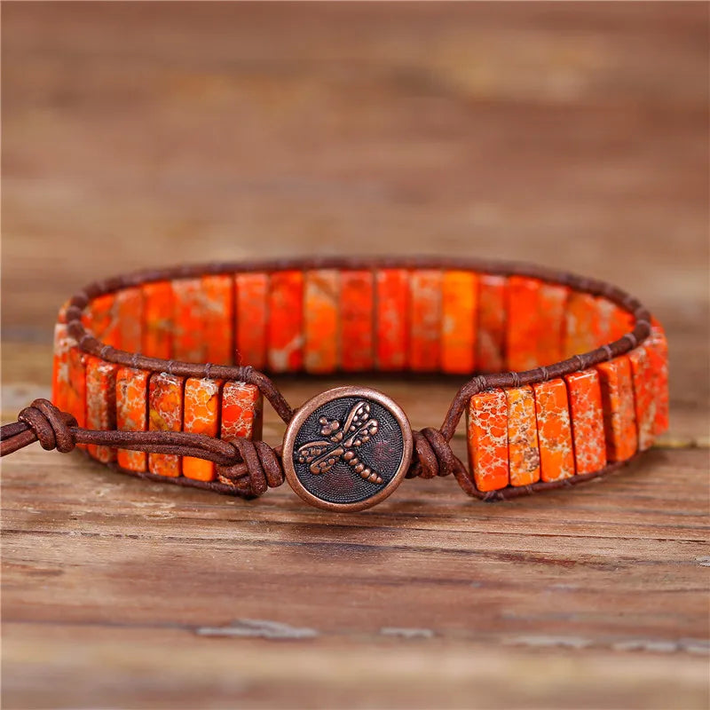 YueTong Orange Jasper Leather Wrap Bracelet Jewelry Natural Stone Tube Bead Cuff Bracelet Unique Bohemian Bracelets Wholesale