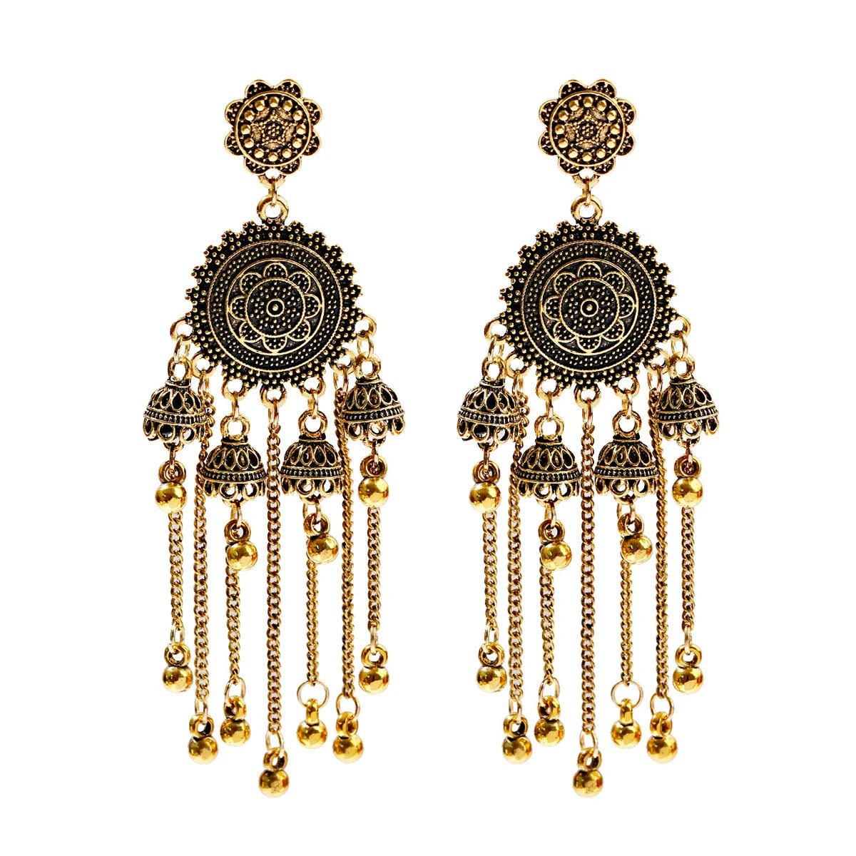 Douvei 4 Pcs / Set Bronze Gold Plated Alloy Bohemian Vintage Drop Girl Jewelry Long Tassel Dangle Bell Luxury Stud Earrings