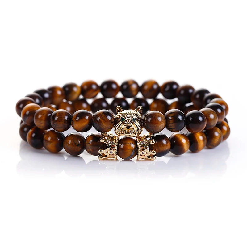 Tiger Eye Beaded Wolf Zircon Crown Natural Stone Bracelet 2pcs ST183