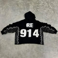 Men's Heavyweight Cotton Streetwear Hoodie Distressed Washed Design Rhinestone Embroidered Patch Boxy Cropped Raw Hem Style