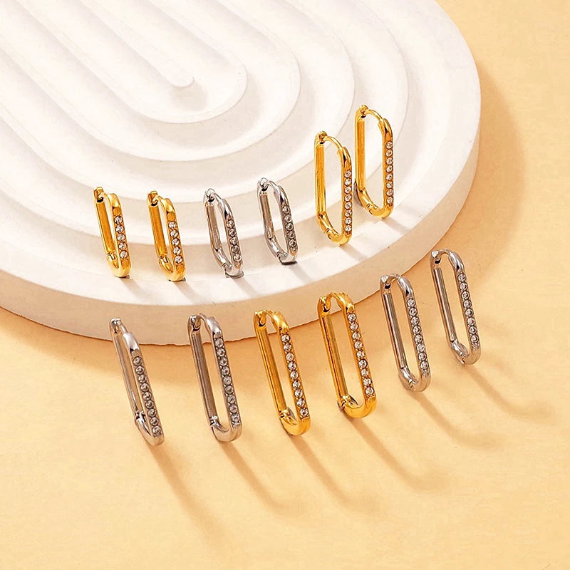 Hot Selling Fashion Stainless Steel 18K Gold Plated Zircon Diamond Oval Hoop Earrings Engagement Fine Women's Jewelry Wholesale