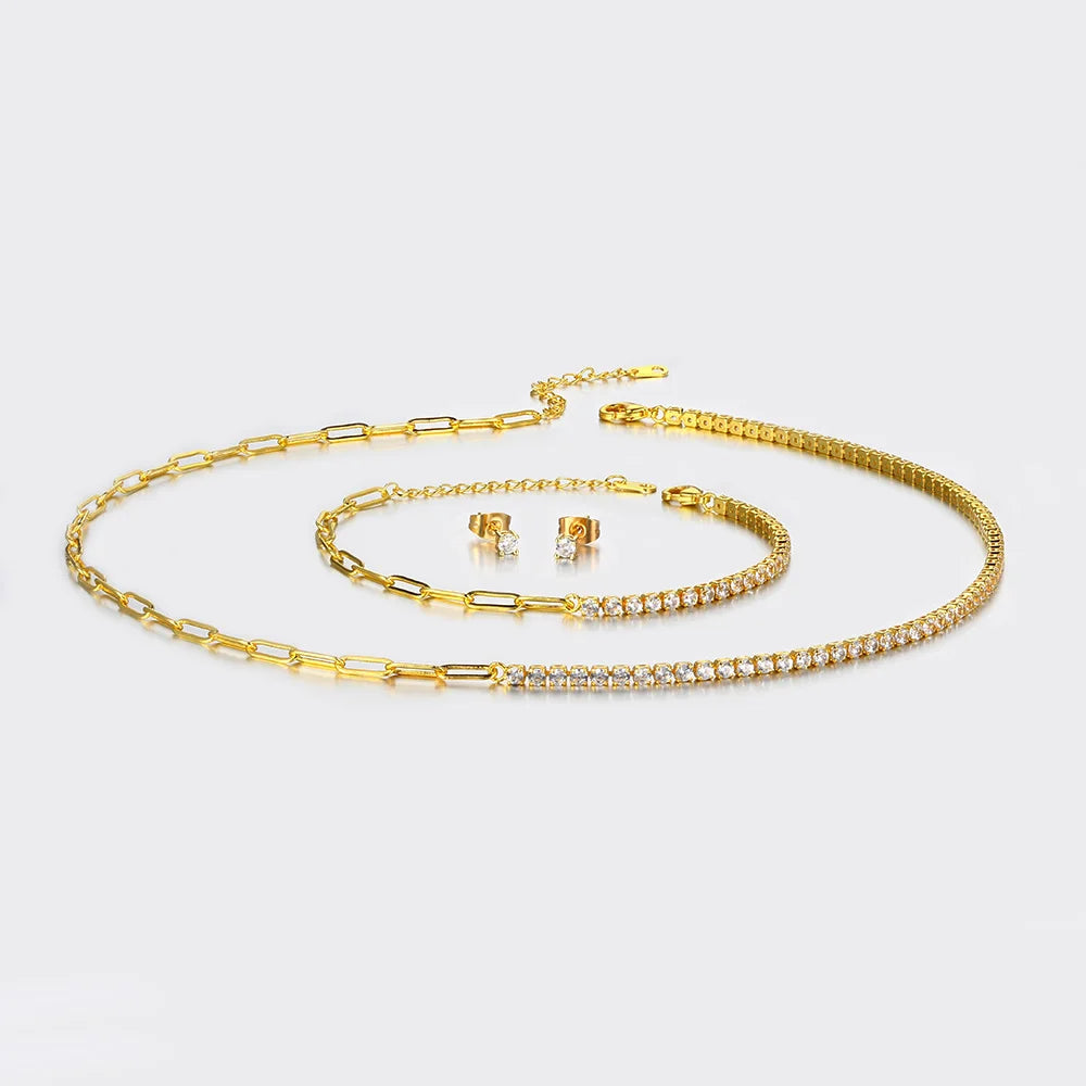 Jewelry Sets for Women Classic Iced Out Paper Clip Bling 2.5MM Cubic Zirconia 3 PCS Bracelet Necklace Earrings Fashion Jewelry