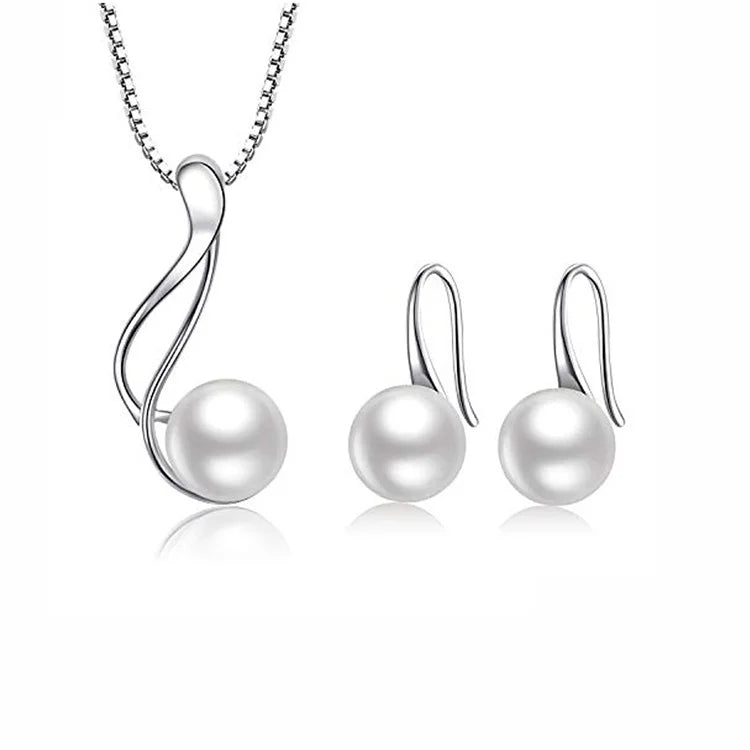Wedding Bridal Jewelry Set 925 Sterling Silver Rhodium Plated Pearl Necklace and Earrings Set for Women