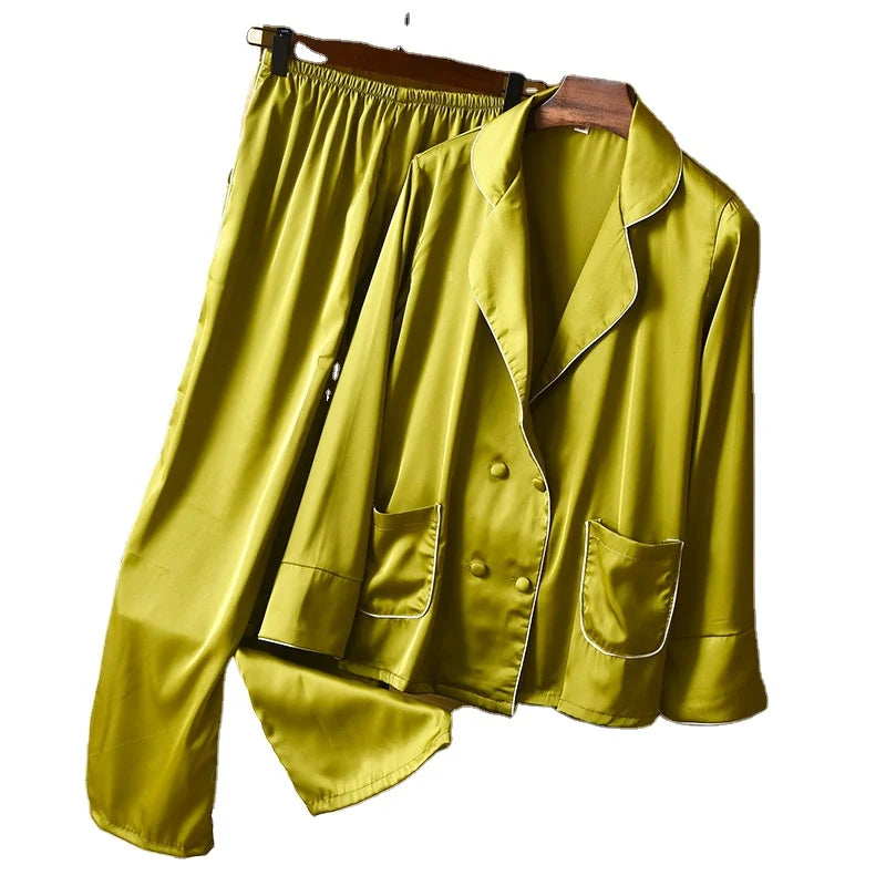 Women's  High Level  Pajama Sets Satin Silk Sleep Wear Long-sleeved Trousers Lounge Wear