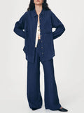 Enyami New Stripe Casual Versatile Contrast Flip Collar Loose Oversized Long Sleeve Shirt Casual Trousers Pants Women's Set