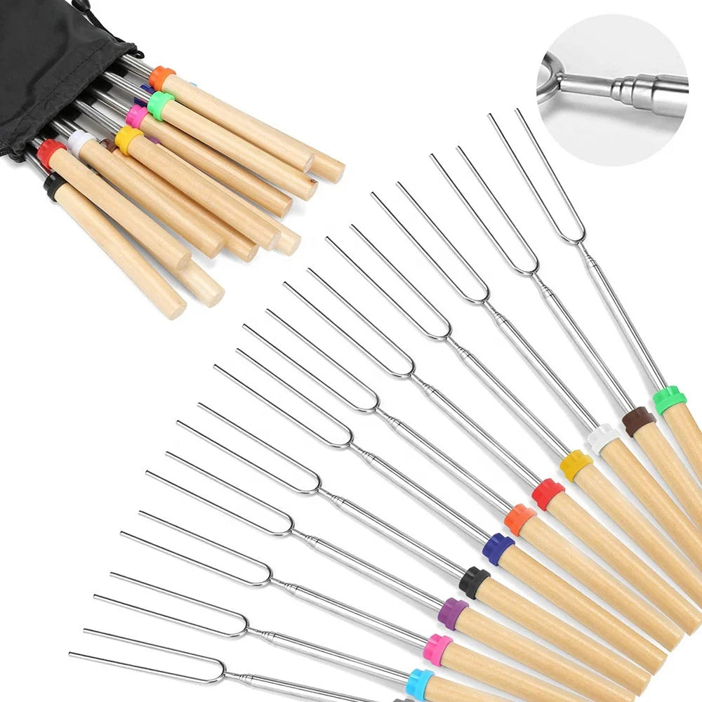 Marshmallow Roasting Sticks - Telescoping Smores Skewers & Hot Dog Forks with Wooden Handle - 32 Inch Stainless Steel BBQ Kit