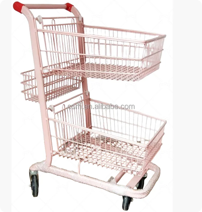 RH-SDB08   800*460*1030mm  Double Layer  pink Shopping Cart Three Baskets Shopping Trolley