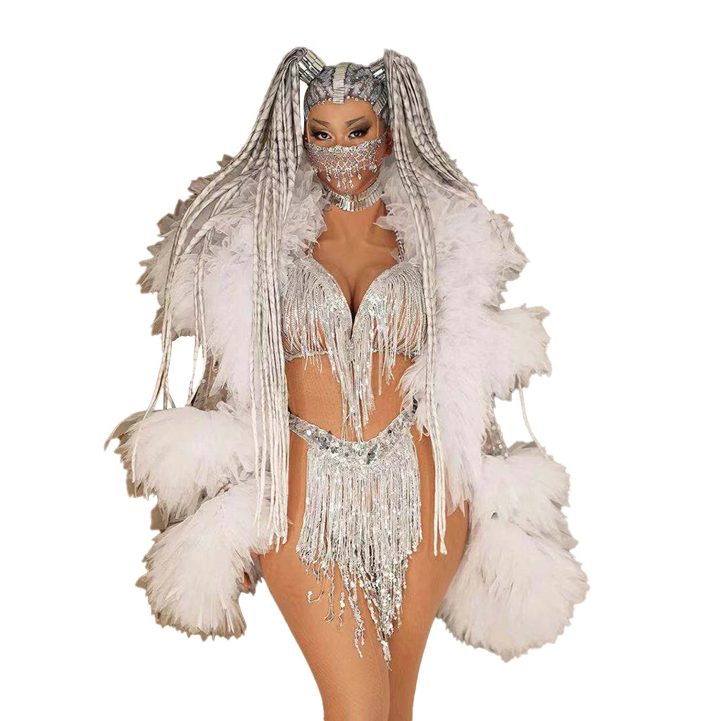Sexy Mesh Ruffles Glitter Sequin Tassel Fringe See Through Coats Women Costumes Club Party Jacket Performance Wear Stage Costume