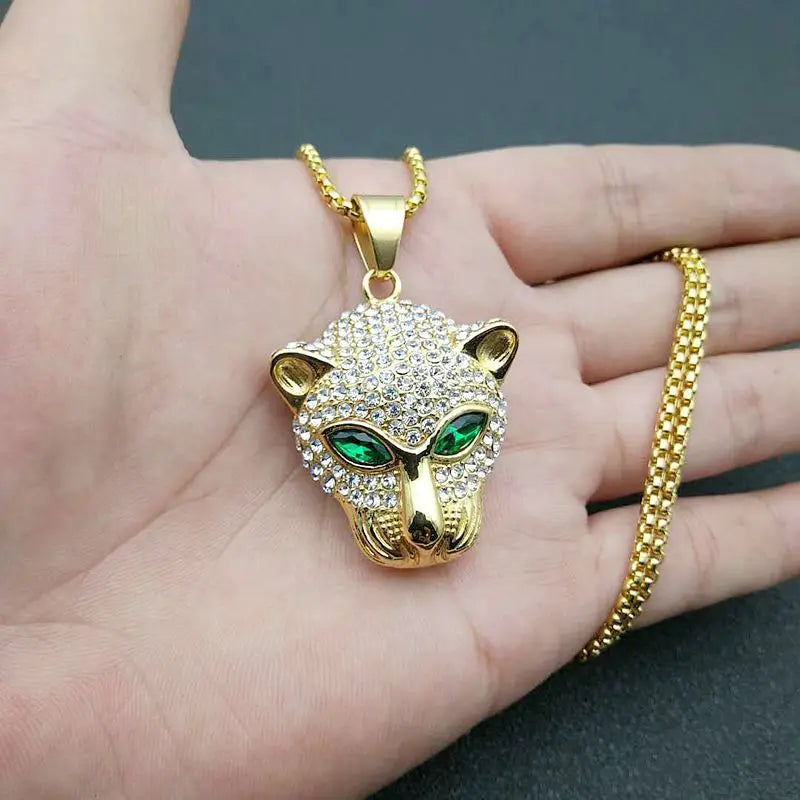 2022 New Hip-hop Stainless Steel With Green Diamond Eyes Leopard Head Pendant Popular logo Jewelry Necklace for Men and Women