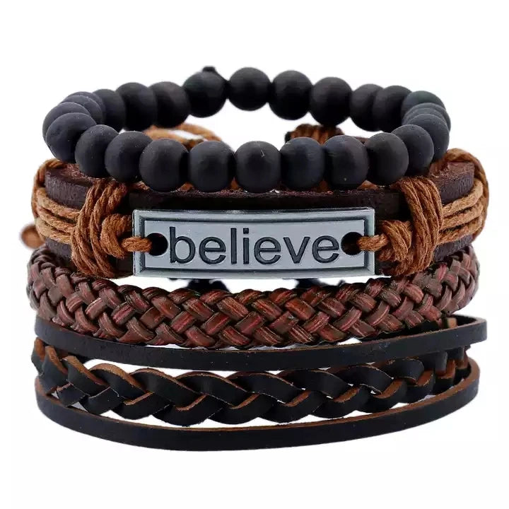 SC Hot Selling Handmade Retro Knit Multi Layer Bracelet Adjustable Inspirational Believe Leather Rope Bracelet Set