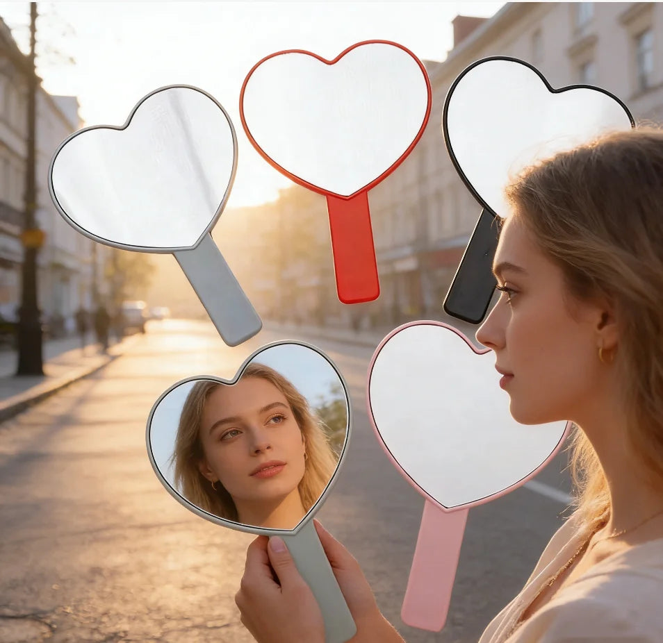 Custom Mini Pocket Mirror Heart Design Handle Glass Makeup Vanity Hand Packaging Personalized ABS for Handheld Personalized