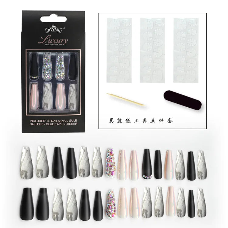 Glitter Rhinestone  Marbling Design Decorated Press on False Nails Fingernail Artificial Nail Tip