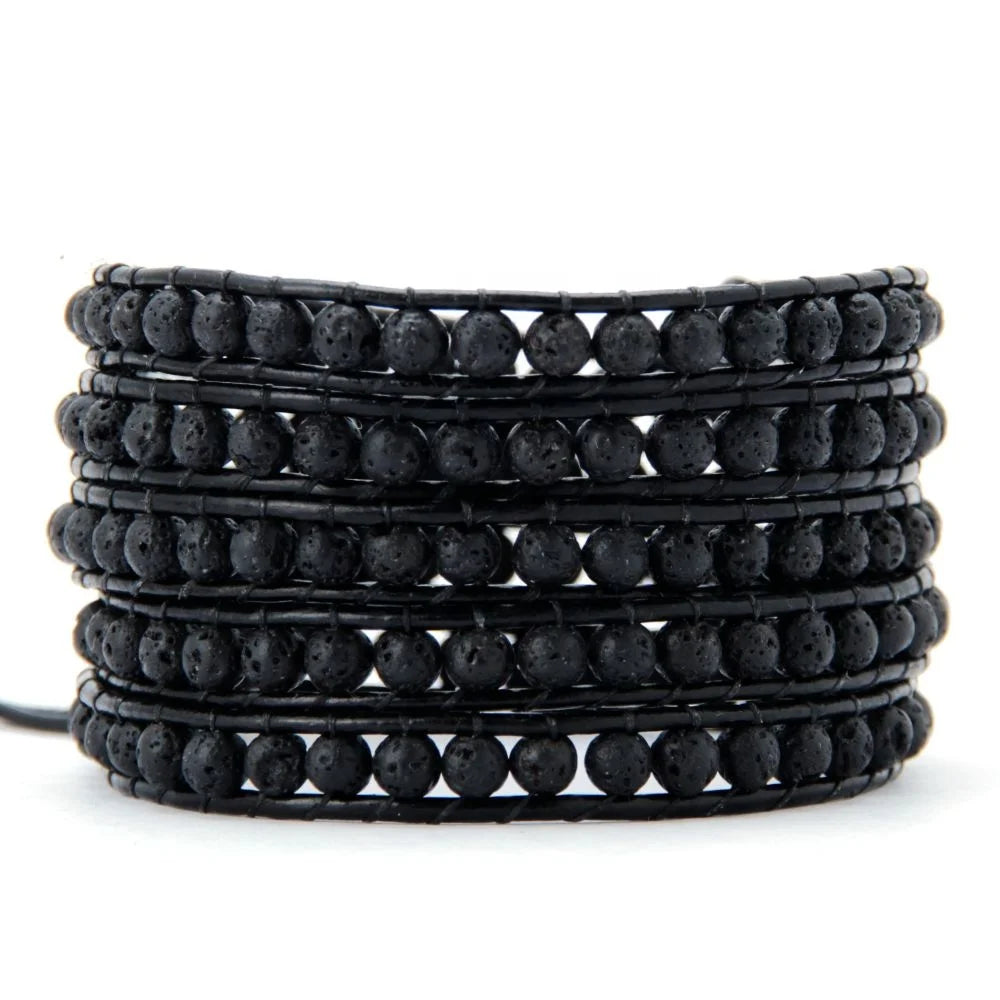 Men's Precious Lava Stone Leather Wrap Bracelet with Boho Beads Essential Oil Diffuser Fashion Accessory