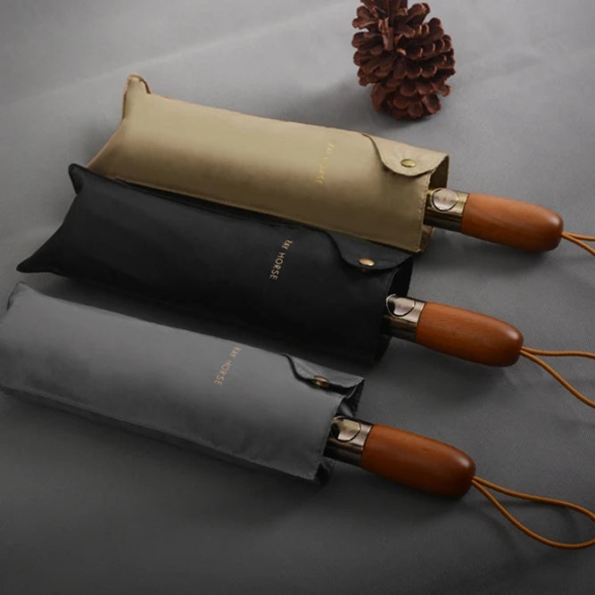 Custom Design Auto-Open Close 3-Fold Umbrella for Men Solid Color Compact Design with Durable Wooden Handle