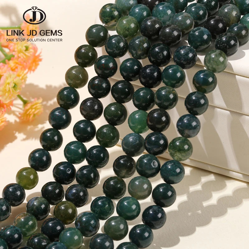 JD Gems Natural Moss Grass Agates 4/6/8/10/12mm Semi-Precious Green Beads Loose round Stone Beads for Jewelry Making