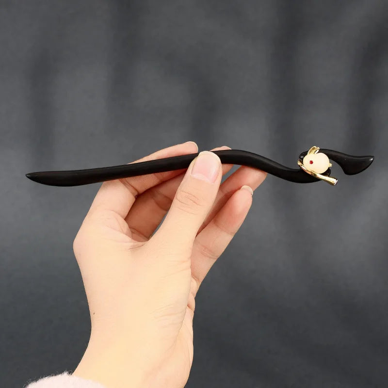 Vintage Handmade Hair Accessories Jade Rabbit Wooden Mini Hair Stick Pin Christmas Hairpin for Women Birthday Gifts