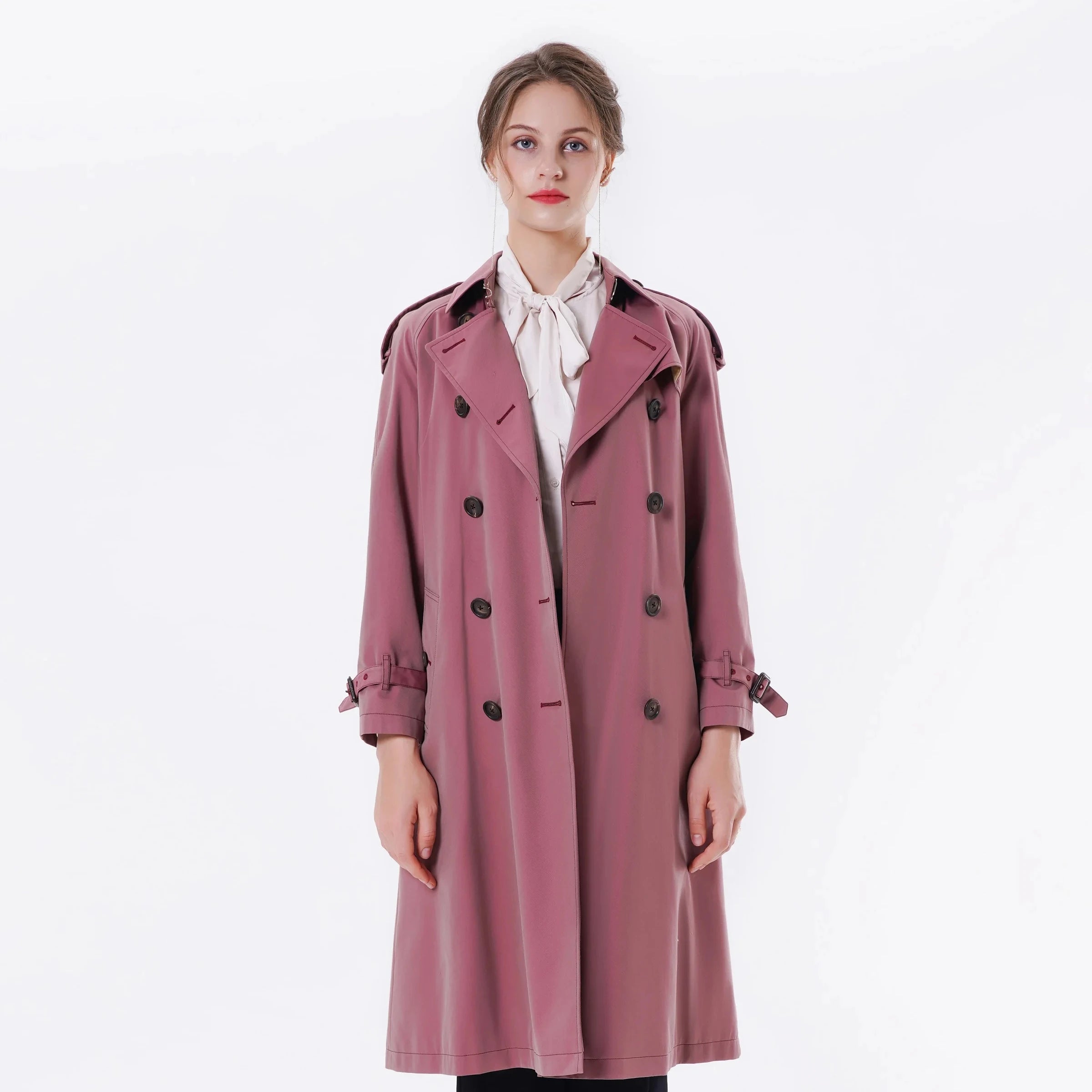 2023 Bosha Women's Casual Rose-Red Trench Coat Double Breasted Style With Buttons Custom Long  for Autumn