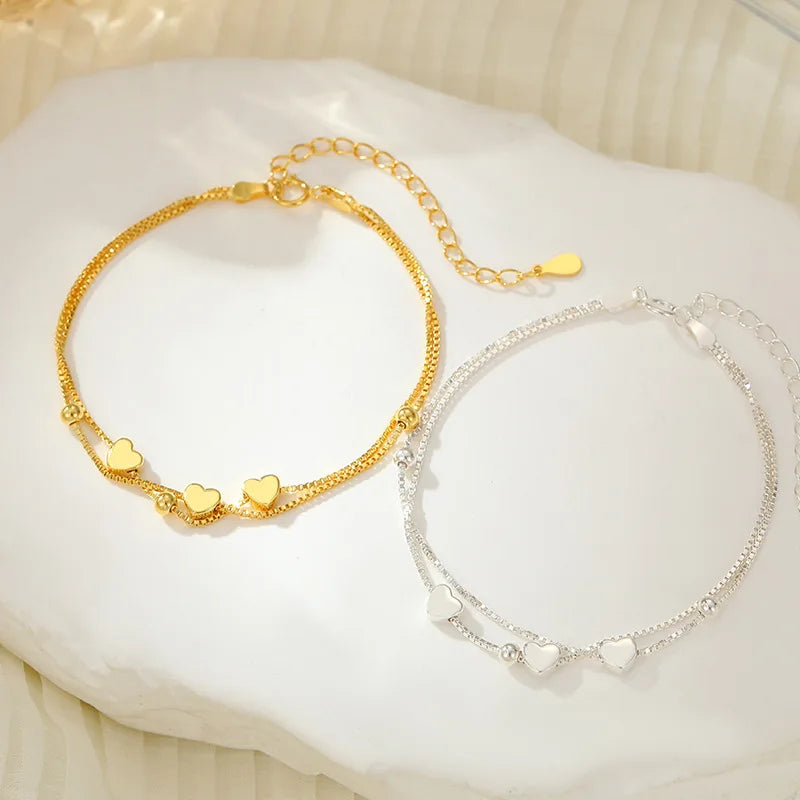 Factory Wholesale Cheap 925 Sterling Silver Love Heart Charm Bracelet Double Layer Chain Gold Plated Beaded Bracelets for Women
