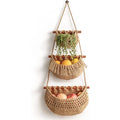Durable Handwoven Natural Jute Hanging Fruit Basket Boho 3 Tier Wall Decorative Storage Basket Over the Door Hanging Organizer