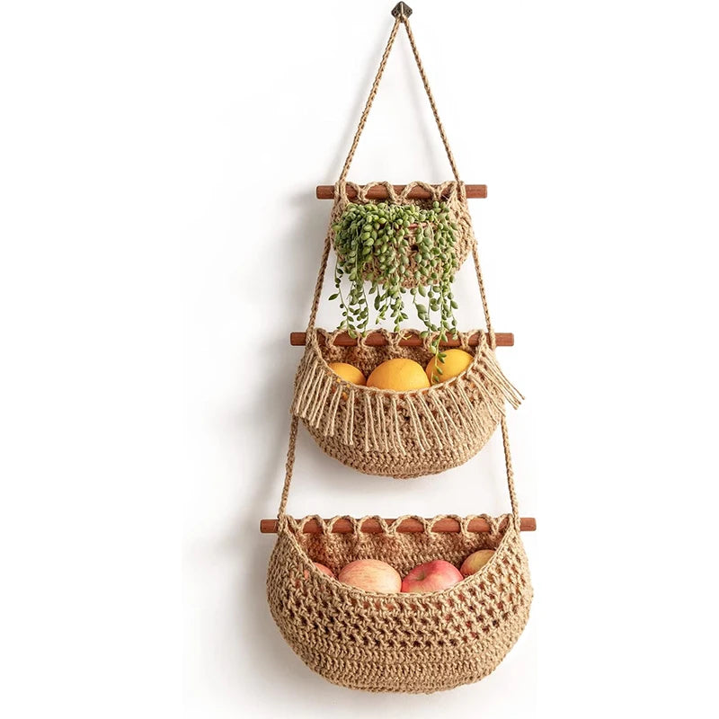 Durable Handwoven Natural Jute Hanging Fruit Basket Boho 3 Tier Wall Decorative Storage Basket Over the Door Hanging Organizer