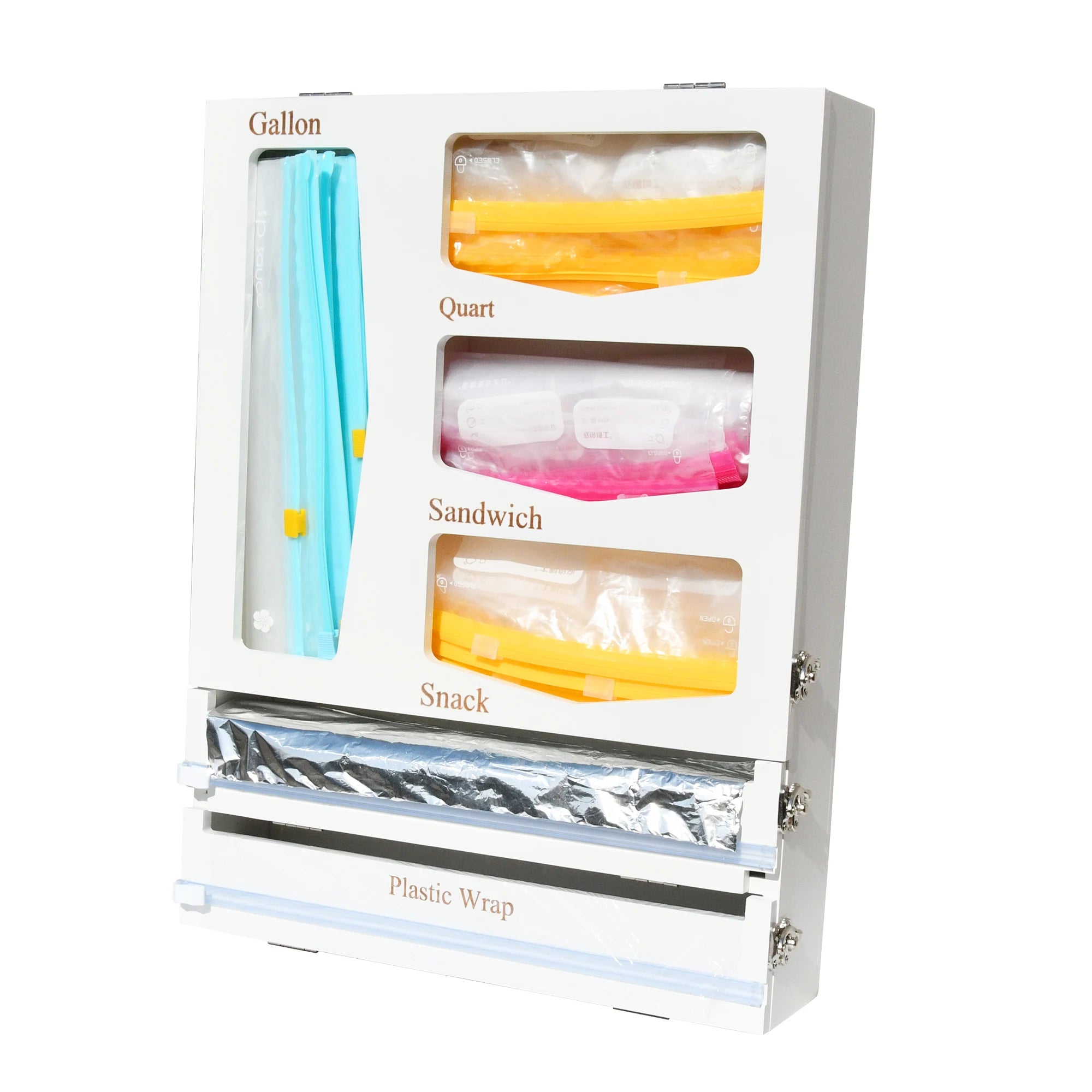 Bamboo Ziplock Bag Organizer With Foil and Plastic Wrap Dispenser Cutter Storage for Wall Sandwich Baggie Container
