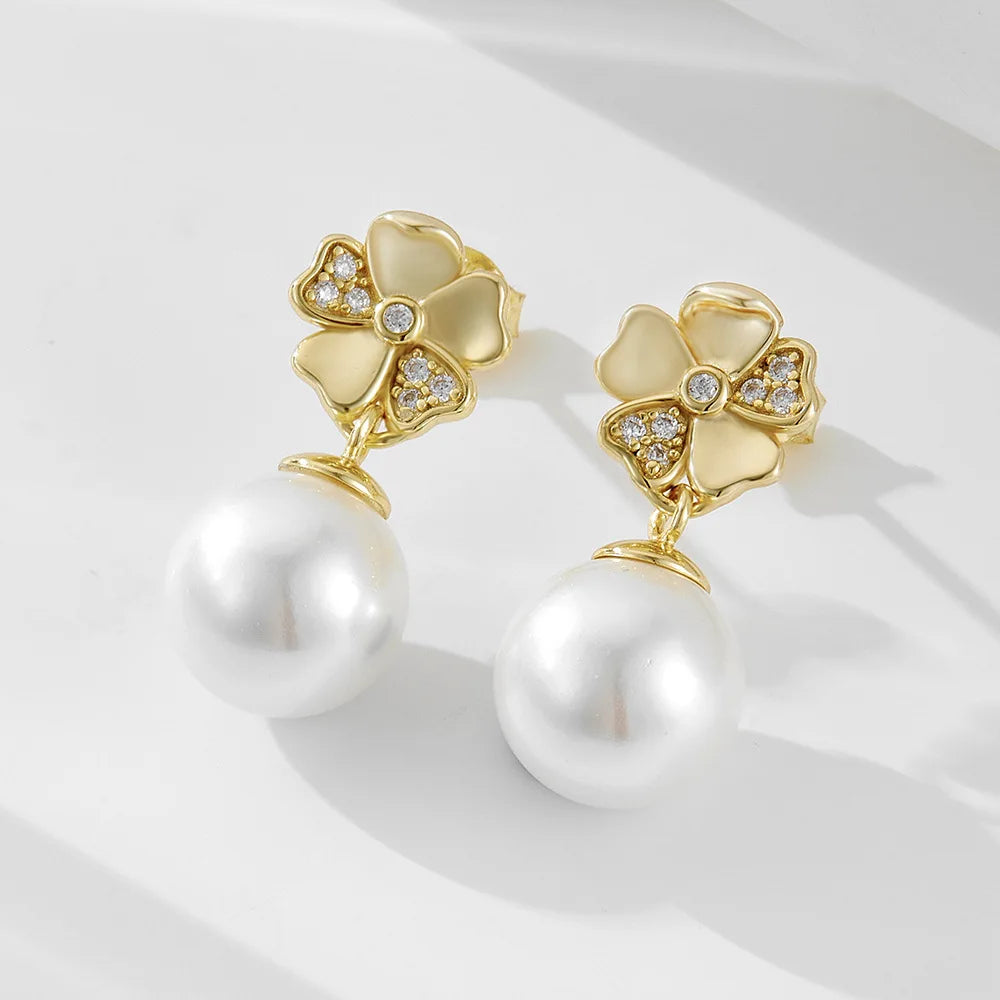 925 Sterling Silver Heart-shaped Flower Zircon Pearl Drop Earrings 14K Gold Plated Natural Pearl Hoop Earrings for Women