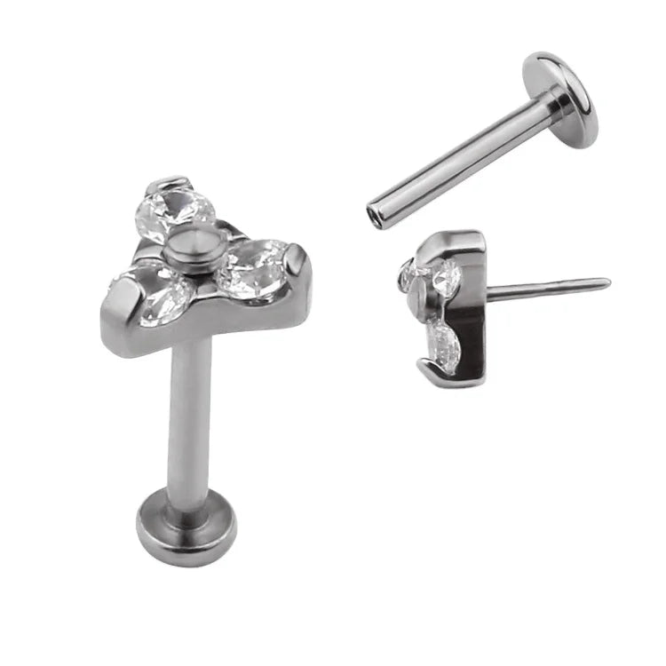High Polished G23 Titanium 3 CZ Blaze Set Tops Push Pin Threadless Labret Earring Jewelry Nose Lip Rings