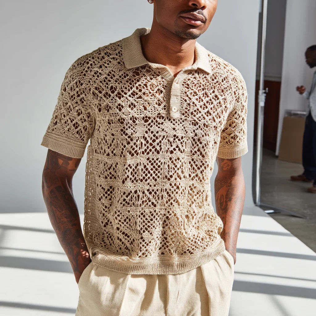 2026 Men's Open-Knit Crochet Pullover Short Sleeve Breathable Cotton Knit ODM Front Logo Top Shirt for Summer