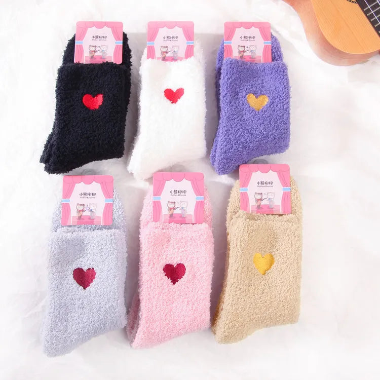 Custom logo Factory Winter Women's Coral Velvet Hairy Yarn Socks love Hearts Shape Embroidered Sleep Warm Socks for Women