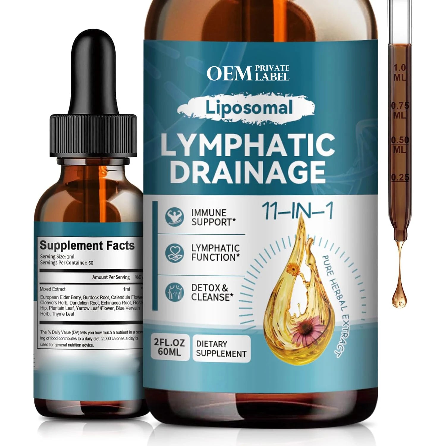 OEM Private Label Liposomal Lymphatic Drainage Drops 11 in 1 Supplement for Adult Burdock Root Echinacea Calendula