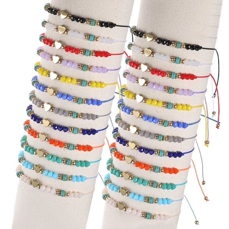 12pcs Multi-color Bracelets Set Heart Charms Seed Beads Bracelet Adjustable Rope Bracelet Jewelry for Girls
