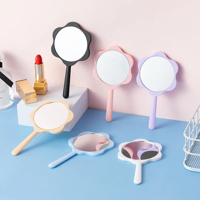 YUE New Customized LOGO Flower Round Handheld Makeup Mirror DIY Portable Mini Handle Makeup Mirror