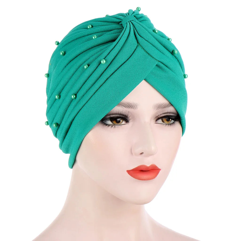 New Elastic Solid Color Wrap Head Headband Pin Beads Pleated Easy Headband Fashion Hat