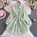 2025 Fall New Shirt Dress Slim Lace Lantern Sleeve Short Mini Casual Dresses