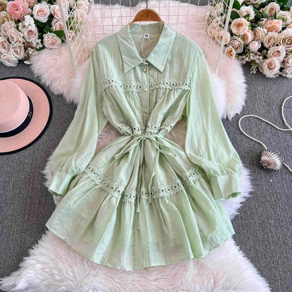 2025 Fall New Shirt Dress Slim Lace Lantern Sleeve Short Mini Casual Dresses