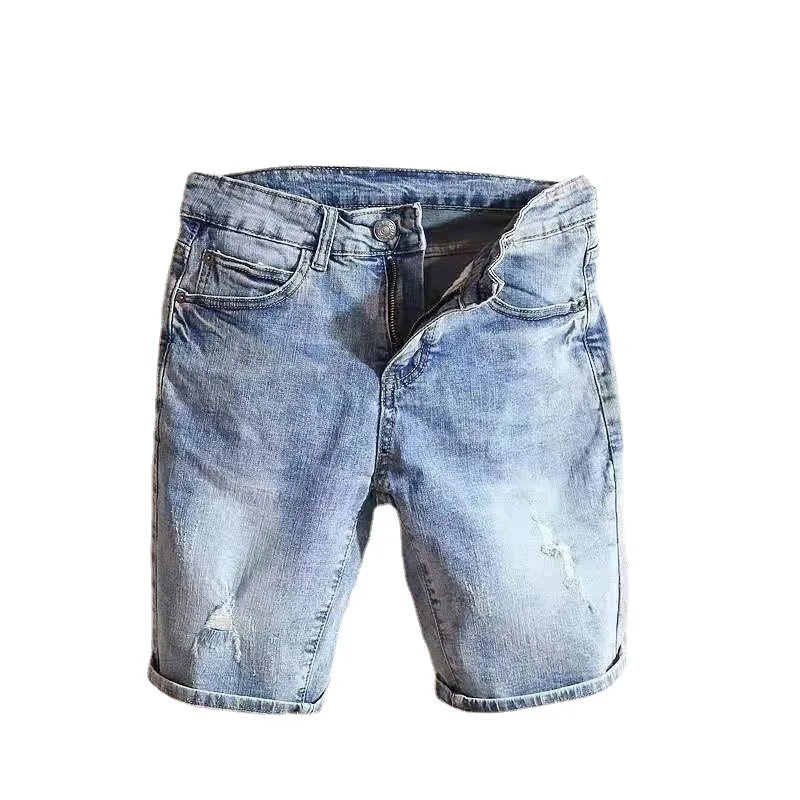 Men's Straight Fit Mid Waist Denim Shorts Casual Elegant Breathable Eco-Friendly Cotton Enzyme Wash Distressed Rolled Ripped