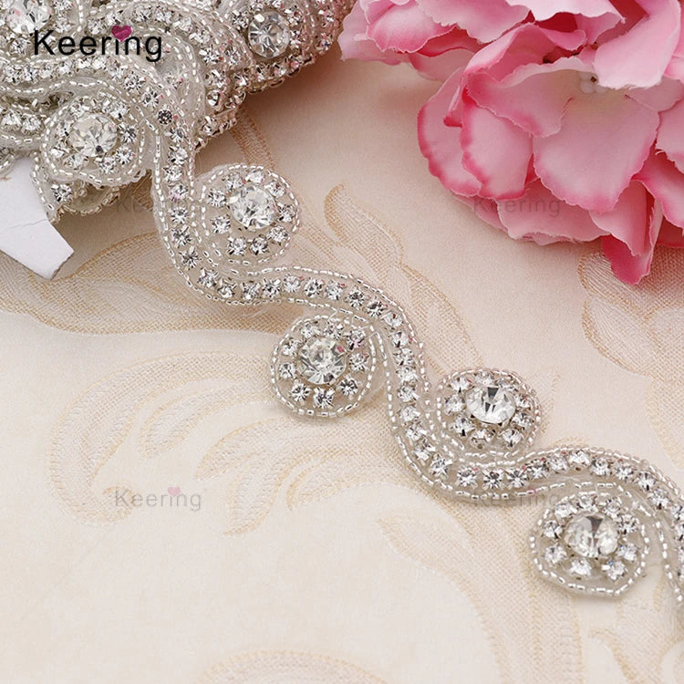 Rhinestone Bridal Sash Iron on Trim Wedding Dress Belt Patch Crystal Applique for Bridesmaid Gown WRA-284