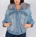 Women's Winter Fur Lining Denim Jacket and Coats Quilted with Stand Collar and Button Decoration Solid Pattern