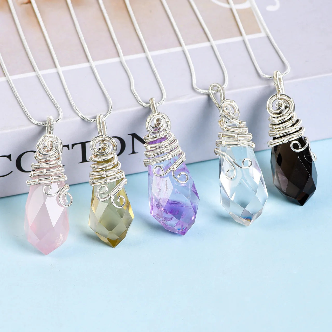 Natural Crystal Raw Stone Pendant Wire Wrapped Rose White Amethyst Fluorite High-End Crystal Pendulum
